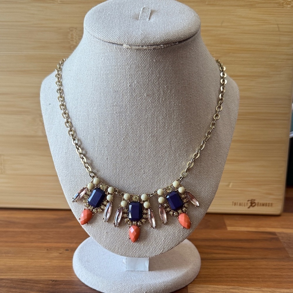 Vintage Gold Tone Orange Navy Blue Cabochon Beaded Flower Statement Necklace